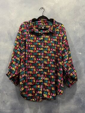 Karl Lagerfeld Black Button-Down Shirt with Multicolor Logo Print